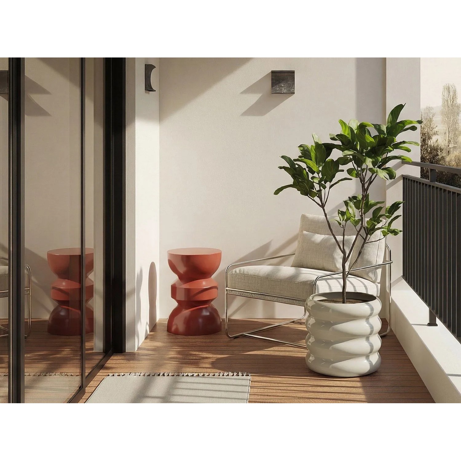 Terracotta Gartenbeistelltisch Toqo aus Metall mit einzigartigem Design auf Balkon. Kompakter Gartentisch für Outdoor.