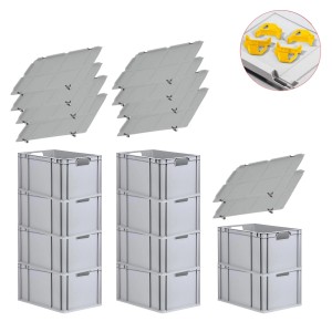 PROREGAL Spar Set: 10 graue Euroboxen mit Deckel und gelben Schiebeschnappverschlüssen. Aufbewahrungsboxen für Industrie und Gewerbe.