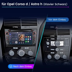 Junsun Opel Android-Autoradio glänzend schwarz im Armaturenbrett. Vorher-Nachher-Ansicht mit CarPlay & GPS.