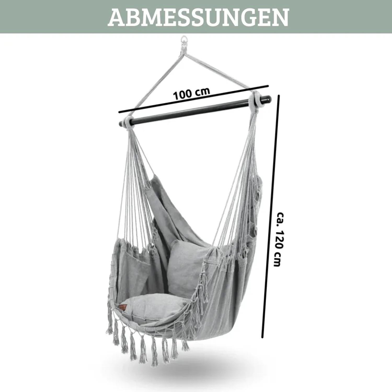 Grauer DELUKE Hängesessel mit Kissen, Kuscheldecke und Bücherfach, Maße ca. 100x120cm.