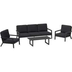 Schwarze 4-teilige Lounge-Gruppe Springtown aus Aluminium mit dunkelgrauen Polstern.