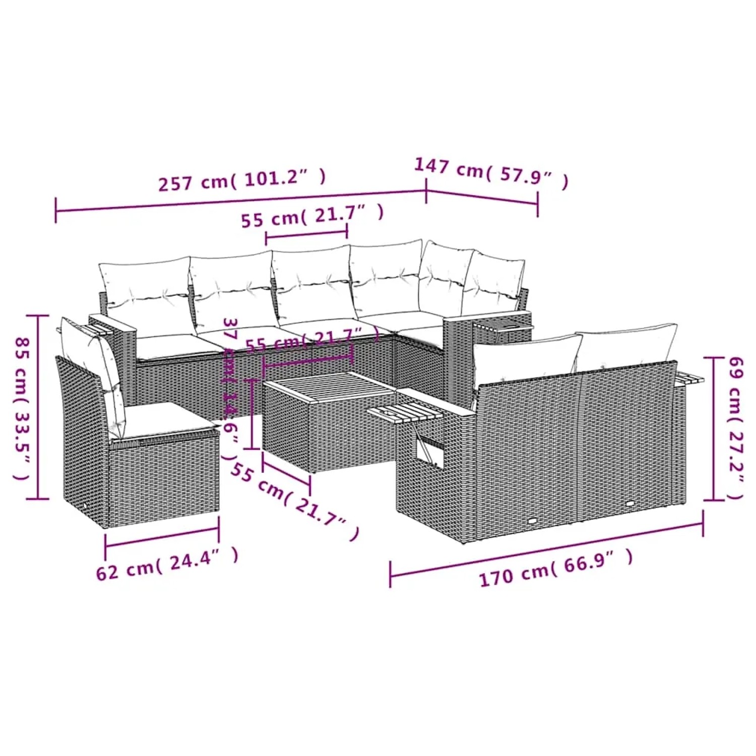 vidaXL 9-tlg. Garten-Sofagarnitur grau Poly Rattan mit Maßen, bestehend aus Sofa, Sesseln und Tisch.