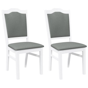 Zwei weiße Esszimmerstühle aus Massivholz mit grauen Polstern. Klassisches Design für Esszimmer und Wohnzimmer.