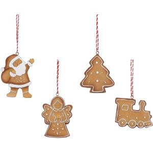 Lebkuchen Baumbehang: Set mit 4 Ornamenten (Engel, Tanne, Zug, Weihnachtsmann) aus Polyresin, braun.