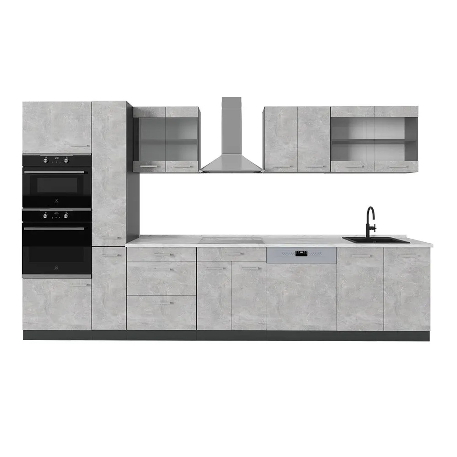 Vicco R-Line Küchenzeile Beton Anthrazit 350 cm AP Marmor ohne E-Geräte