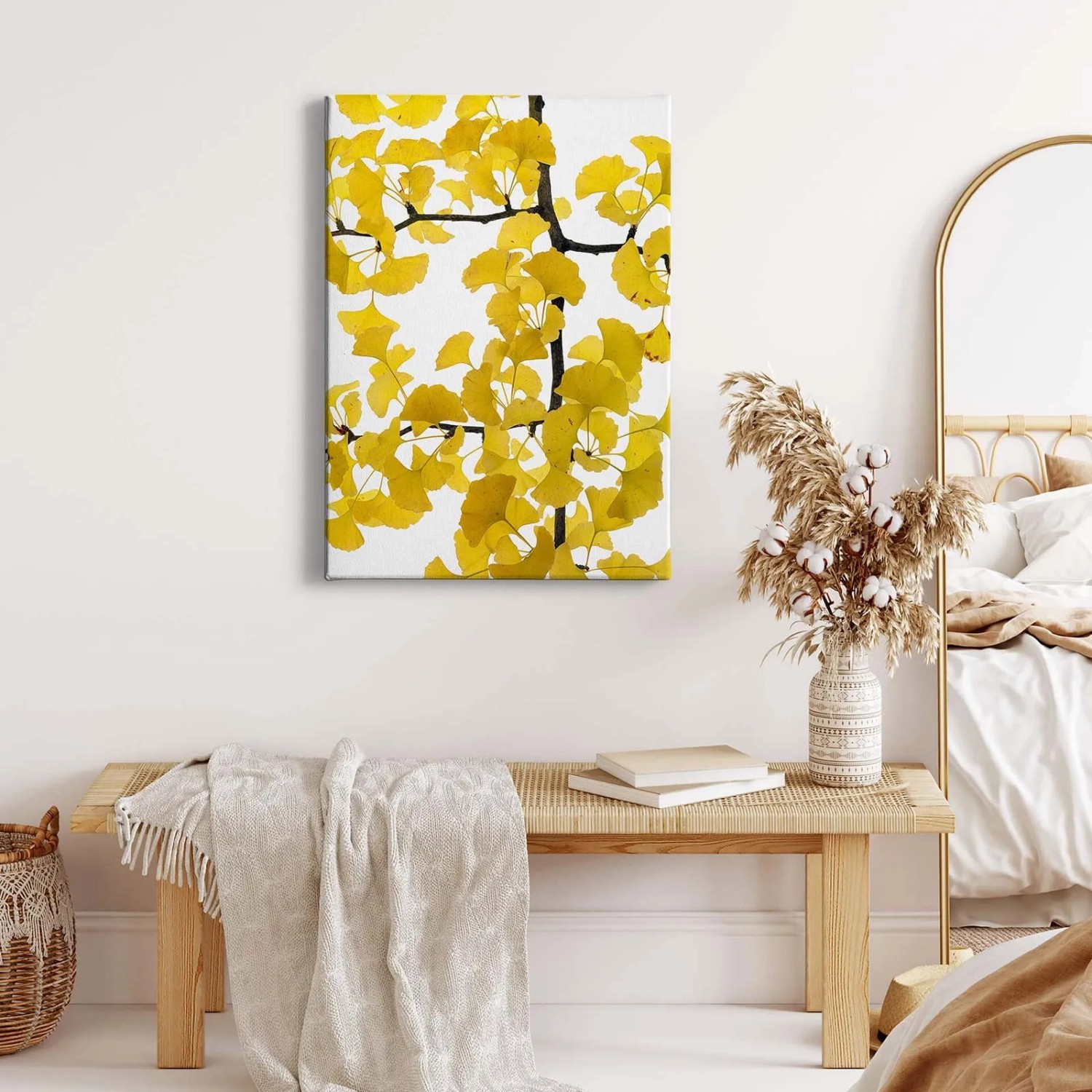 Leinwandbild mit Ginkgoblatt in Gelb/Weiß, ideal als Wanddeko für Wohn- und Schlafzimmer.