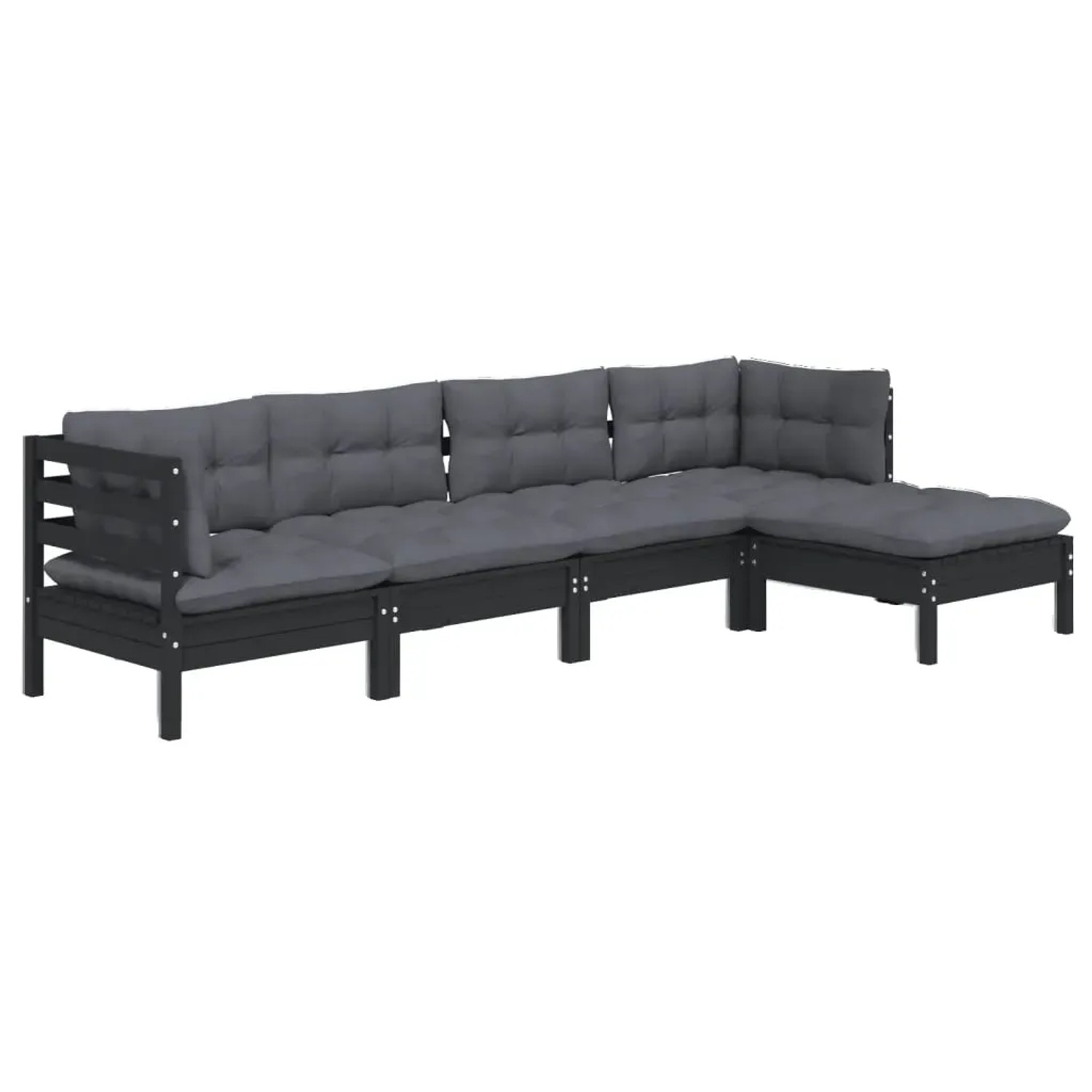 Schwarzes 5-tlg. vidaXL Garten-Lounge-Set aus Kiefernholz mit anthrazitfarbenen Kissen.