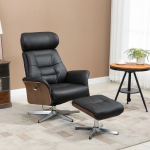 Schwarzer HOMCOM Relaxsessel aus Kunstleder mit Holzdetails und Hocker. Drehbarer Loungesessel mit Liegefunktion.
