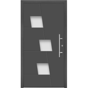 Moderne anthrazitfarbene Aluminium-Haustür mit Edelstahlgriff und satiniertem Glas