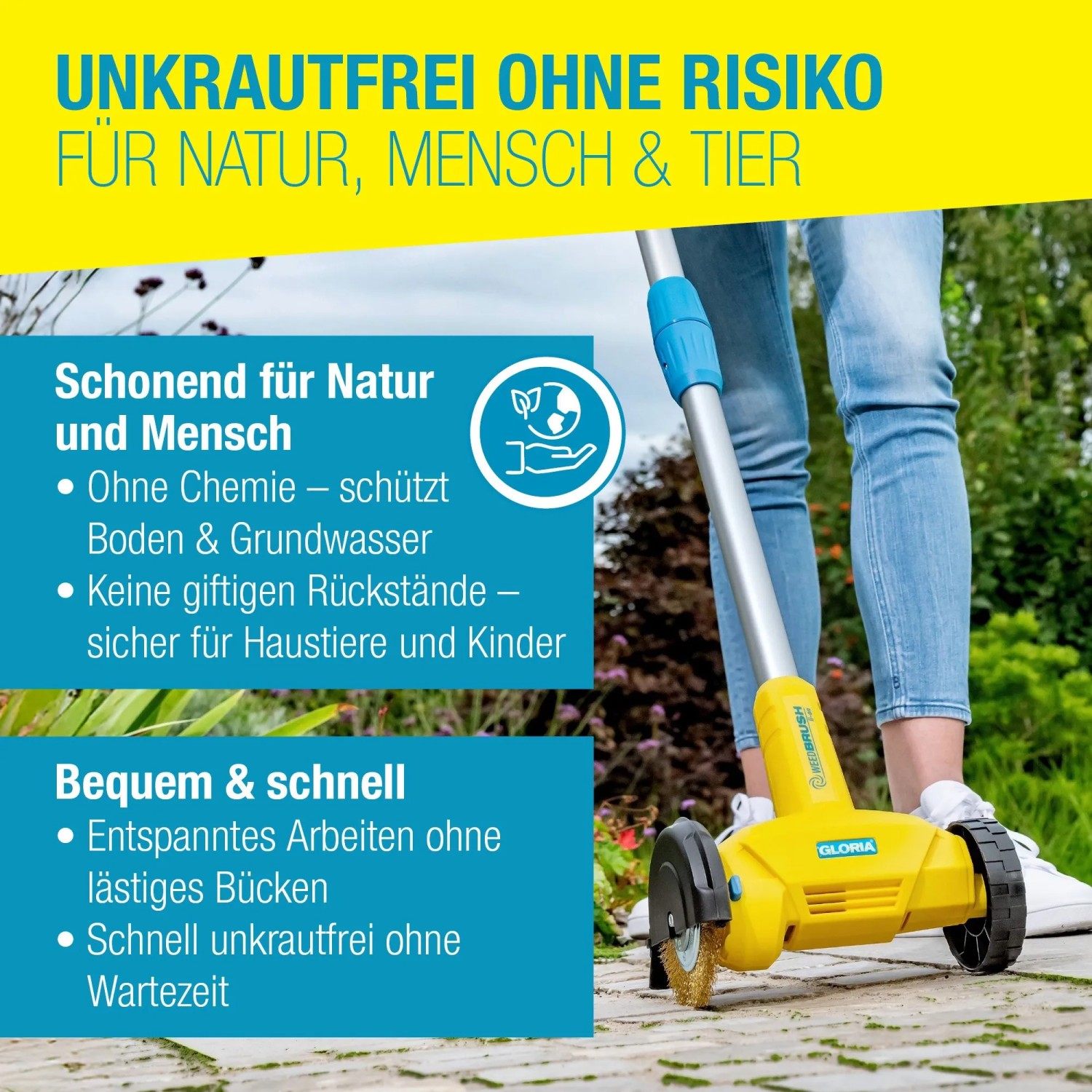 Gloria WeedBrush Elektro-Unkrautfugenbürste im Einsatz zur Fugenreinigung im Garten.