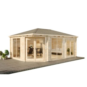 Naturbelassenes 5-Eck Gartenhaus Julia-40 ISO aus Holz mit großen Fenstern und Doppeltür.