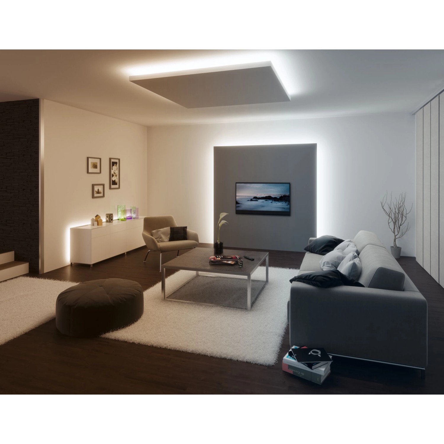 Wohnzimmer mit indirekter Beleuchtung durch Paulmann MaxLED LED-Streifen mit Tunable White Steuerung.