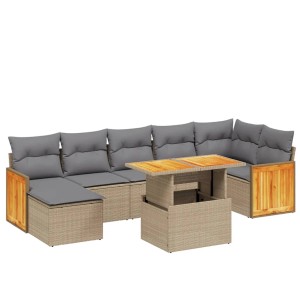 Beige 8-tlg. Rattan Garten-Sofagarnitur mit Tisch und hellgrauen Kissen für Terrasse und Garten.