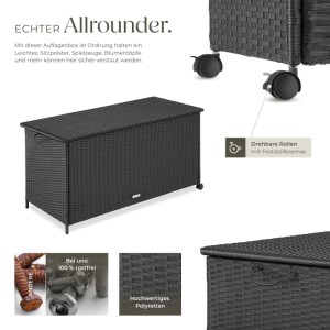 Tectake Auflagenbox Kuusamo, 253 L, Rattangeflecht, mit Rollen und Feststellbremse, 116x54x64 cm.