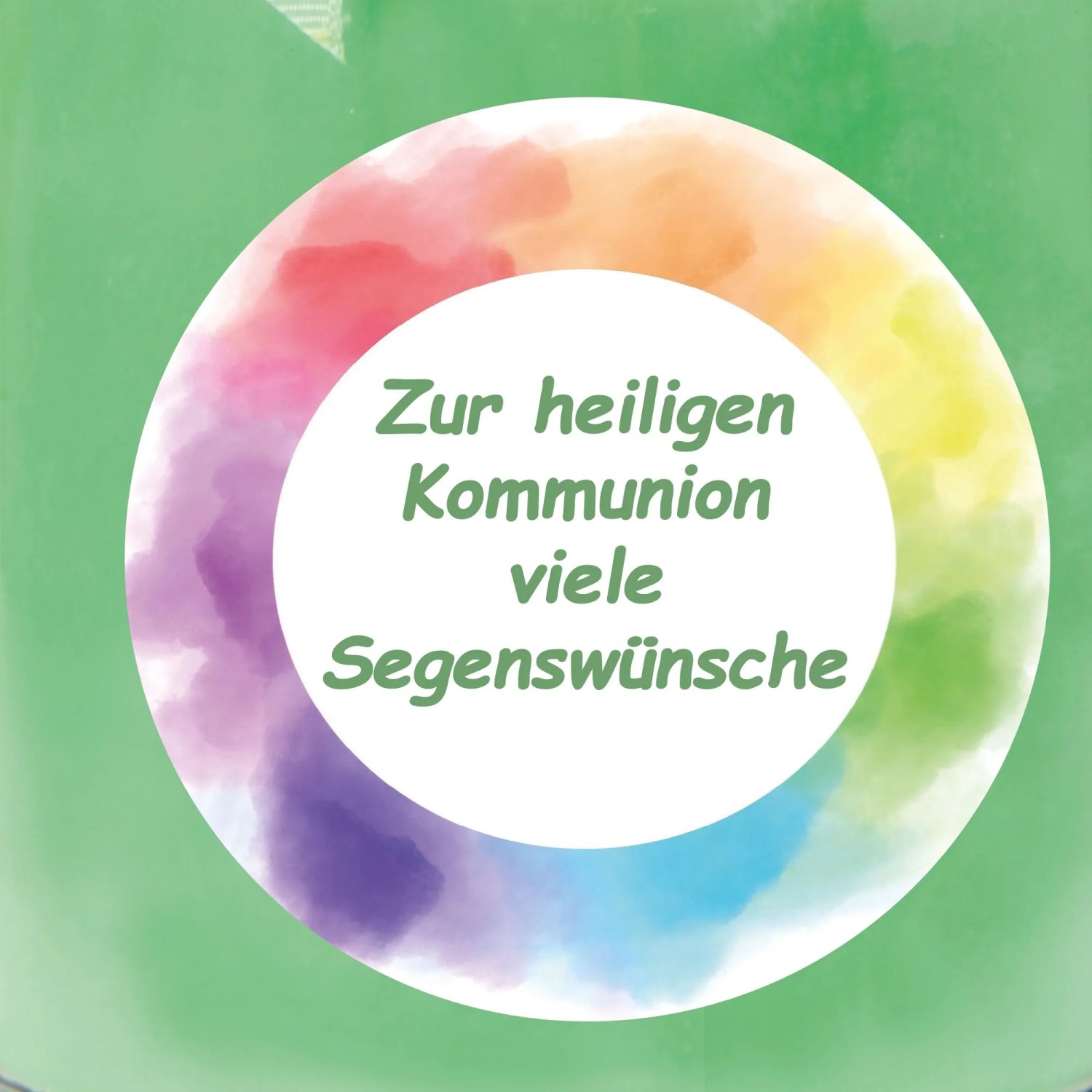 Grüne Kommunion Duftkerze im Glas mit Kokosduft und Regenbogen-Design.