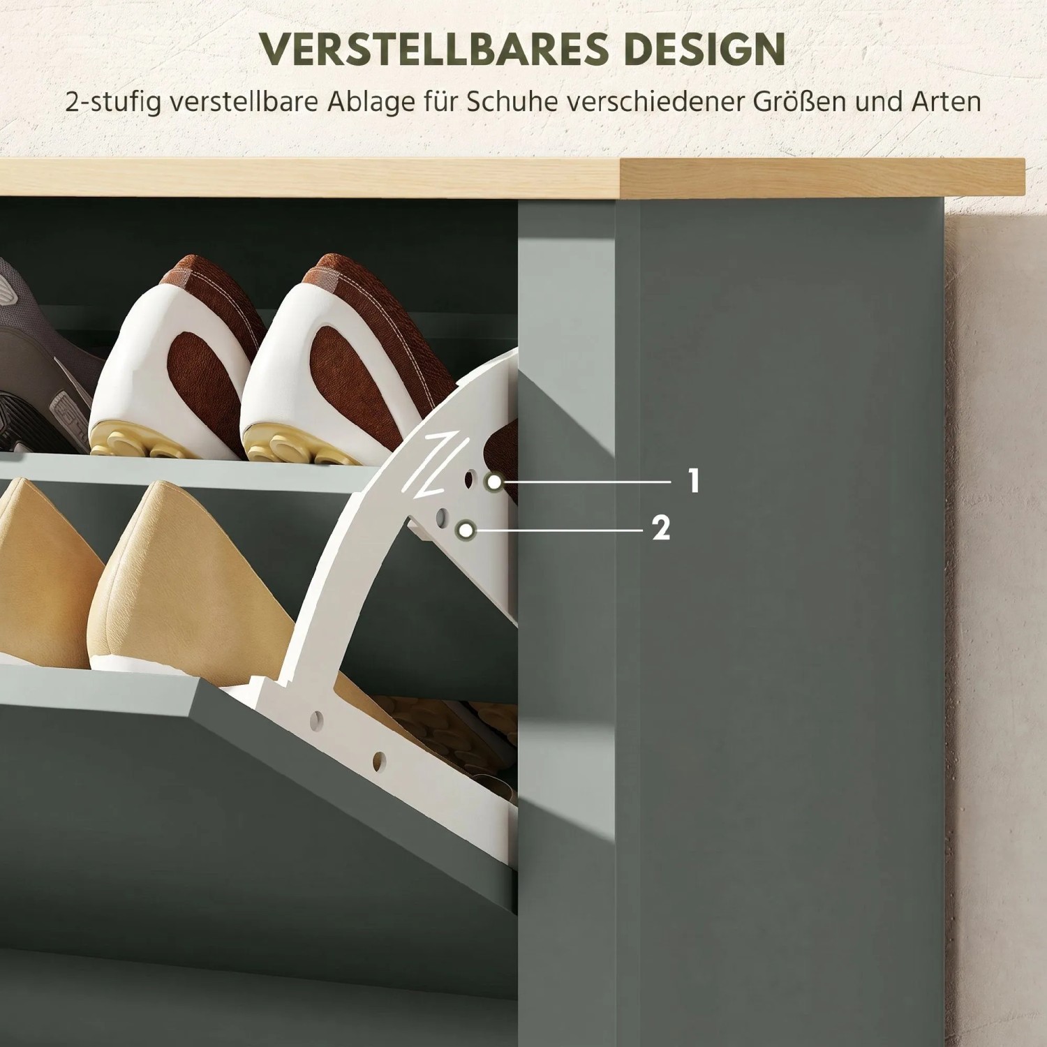 HOMCOM Flip-down Schuhschrank, hellgrau, mit verstellbaren Ablagen für Schuhe. Spanplatte.
