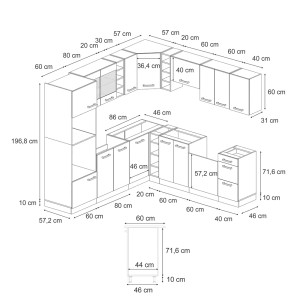 Skizze der Vicco R-Line Eckküche in Artisan Eiche/Anthrazit mit Maßangaben.