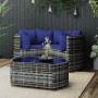 Graues 4-tlg. vidaXL Garten Lounge Set aus Rattan mit blauen Kissen und Tisch.