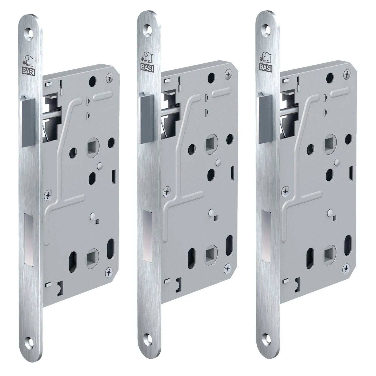 BASI Zimmertürschloss ES 929 BAD DIN Rechts/Links Rundstulp 20 mm Edelstahl Falle/Riegel Aluminium 3er Set 3x9290-5510