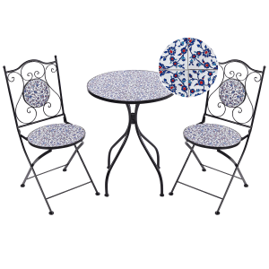 Beliani Bistro Set CAMPRENA, schwarz/weiss, mit Mosaikmuster für Garten, Balkon oder Terrasse.