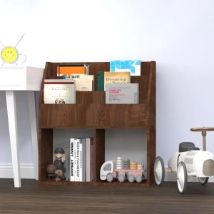 Kinder-Bücherregal in Braun Eiche Optik mit Fächern für Bücher und Spielzeug.