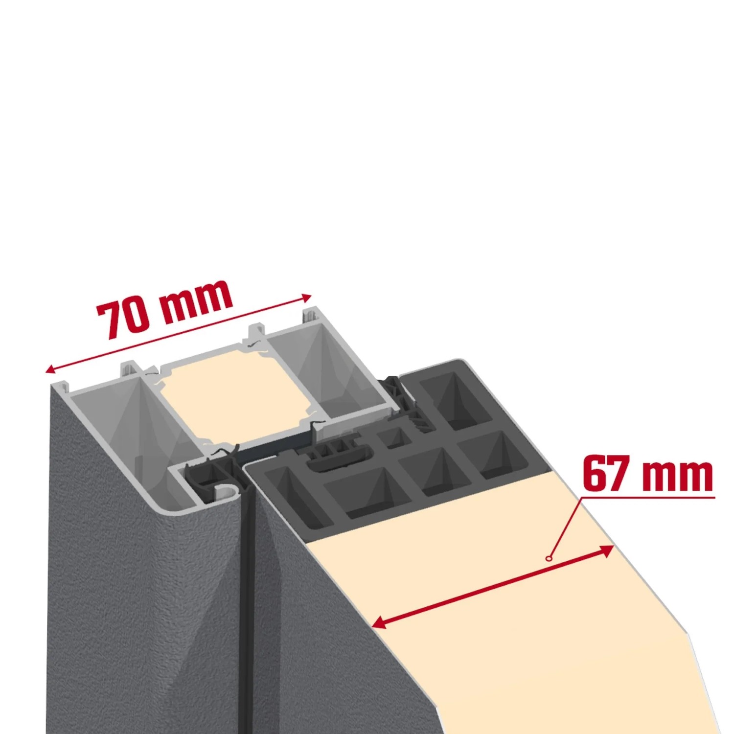 Schnitt der Splendoor Haustür Thermospace Berlin: Details zu Rahmen (70 mm) und Türblatt (67 mm).