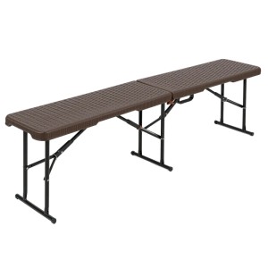 Braune Floordirekt Gartenbank Kagawa, klappbare Sitzbank mit Stahlgestell und Rattan-Optik.