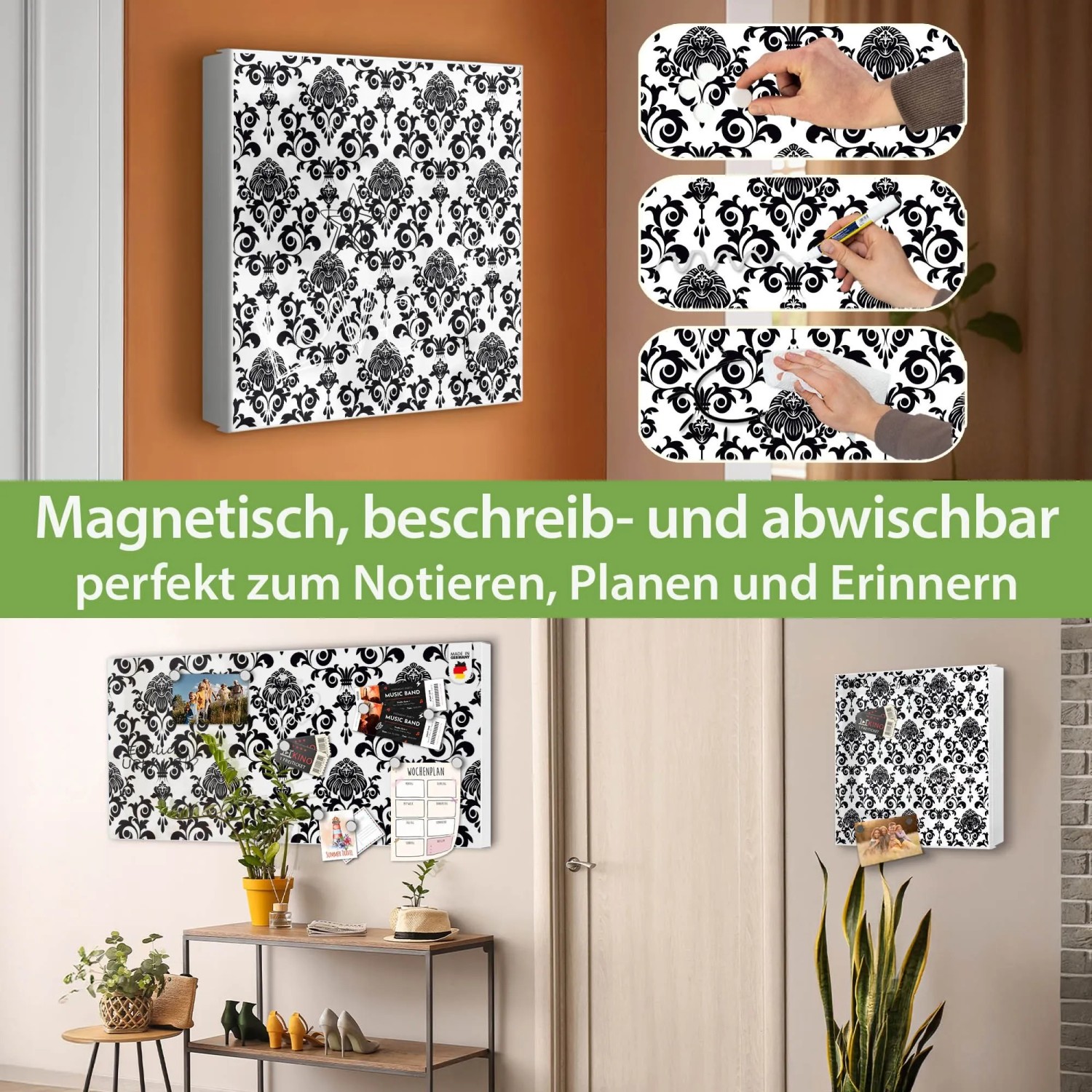 Banjado Großer Schlüsselkasten Metall 30x30cm Weiß Scharnier Links 50 Haken Beschreibbar Magnetisch Motiv Barock