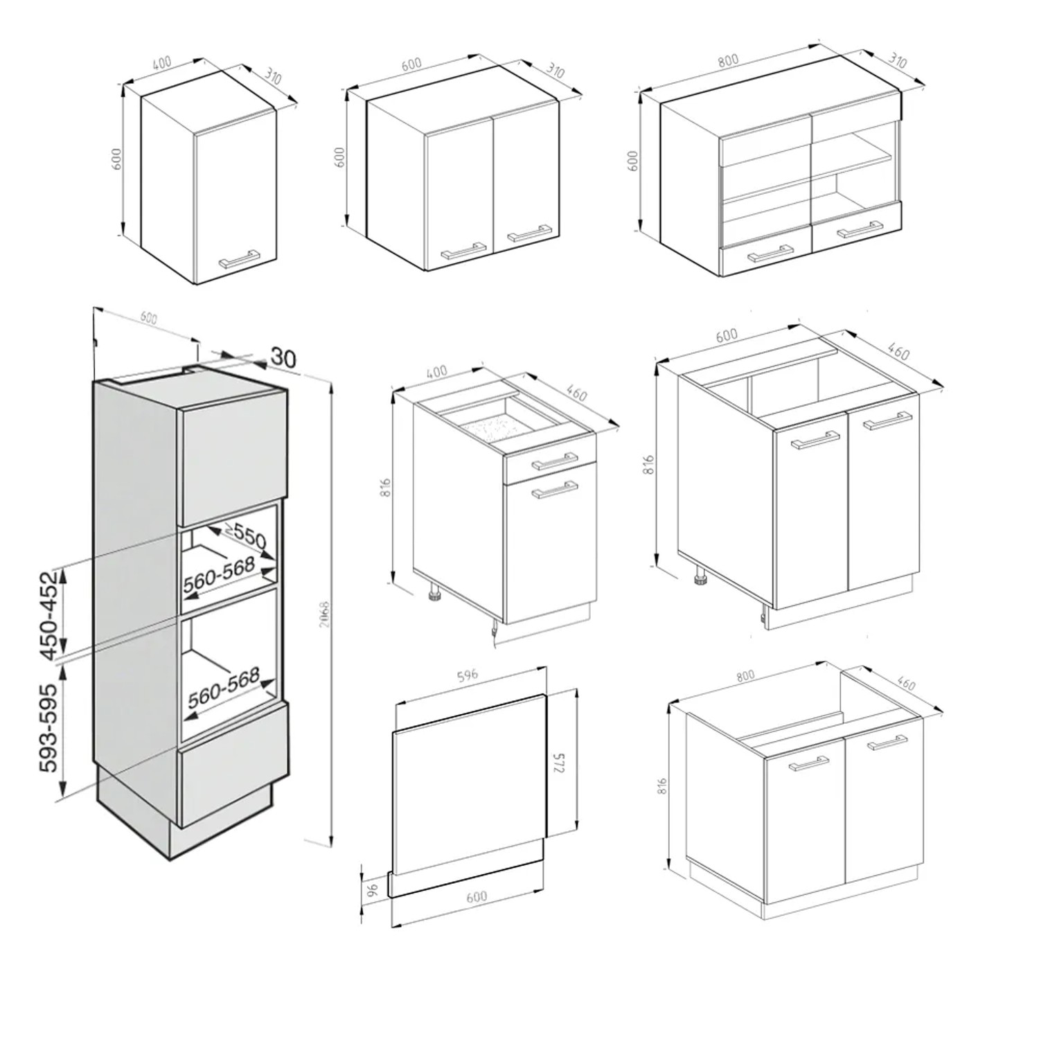 Skizze der Vicco R-Line Küchenzeile 300 cm mit Hochschrank, Maße und Details der Küchenmöbel.