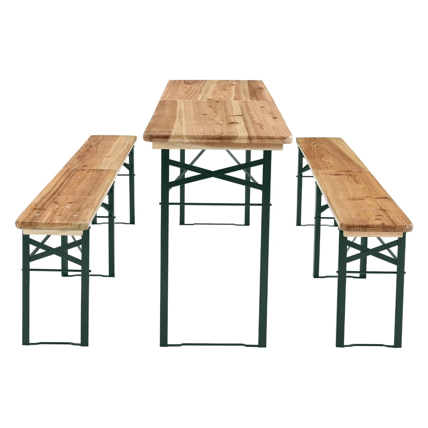 Klappbare, 3-teilige Bierzeltgarnitur aus Tannenholz mit Tisch und zwei Bänken.