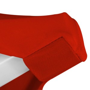 Rote Stretch Stehtischhusse mit verstärkter Fußpartie. Elastisches Textil für Bistrotische.