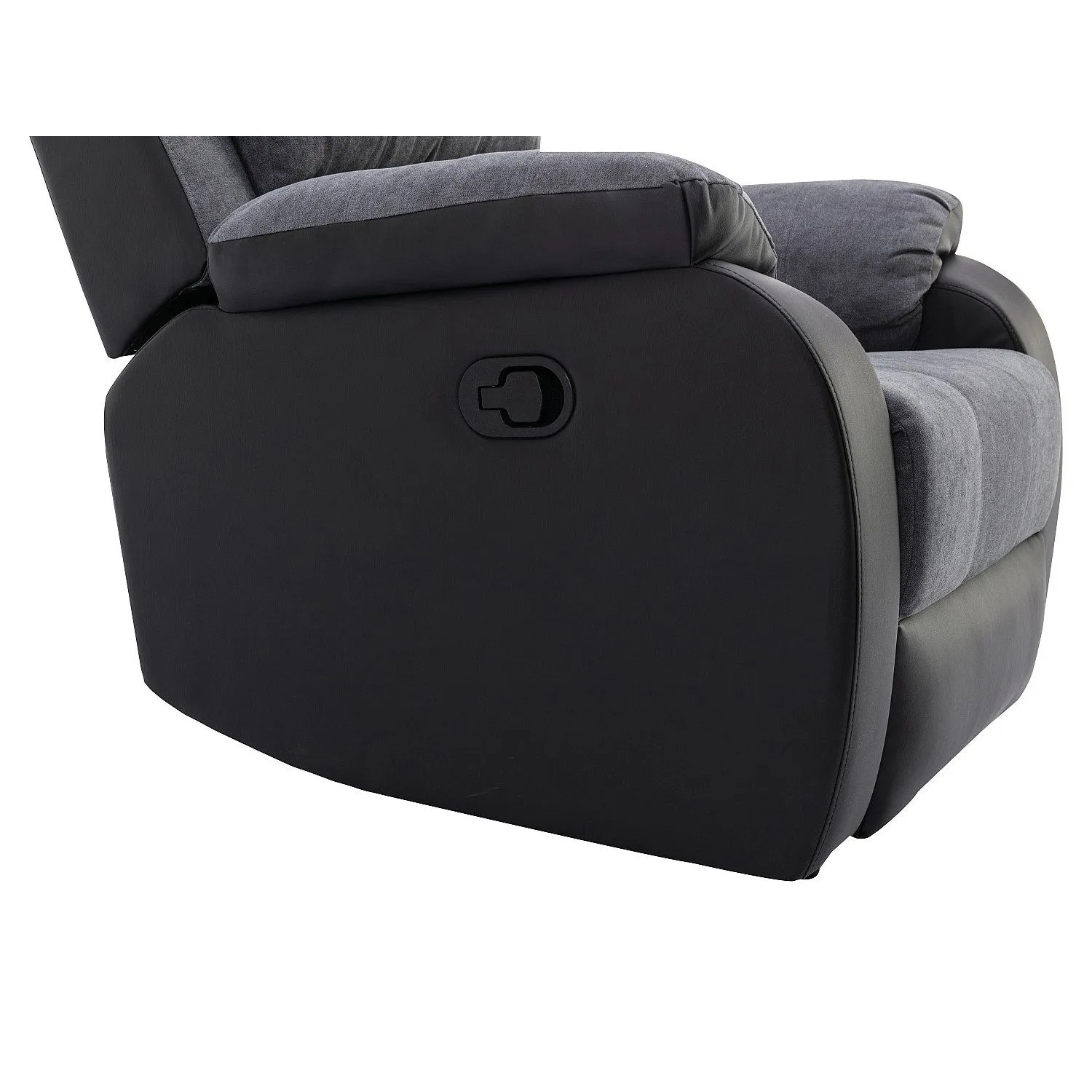 Relaxsessel Brody: Schwarze Kunstleder-Seitenlehne mit Recliner-Hebel, graue Microfaser-Armlehne. Schwarz-grau.