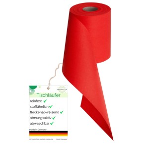 Rolle roter Sensalux Vlies-Tischläufer, 15 cm breit und 25 m lang.