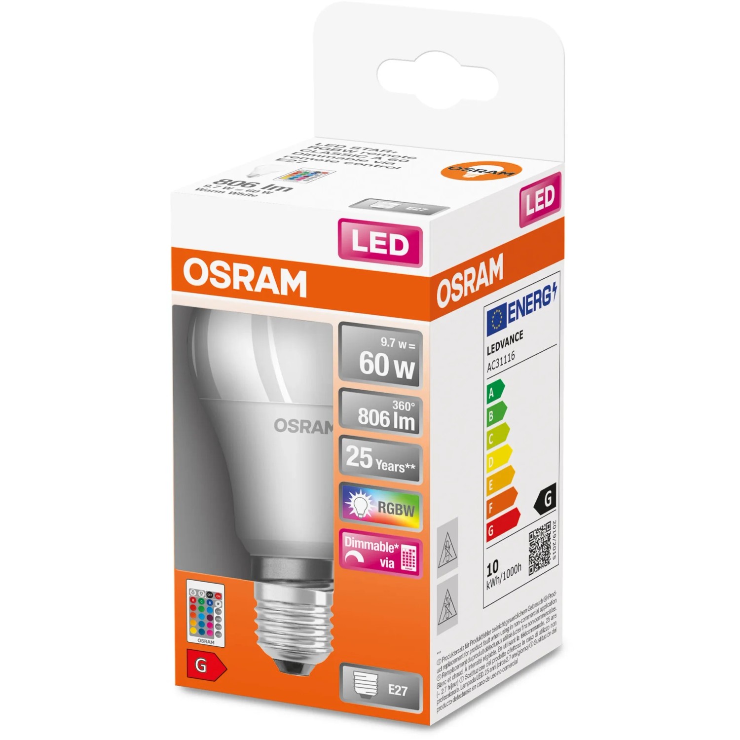 Osram E27 LED Lampe, 9,7W, dimmbar mit Fernbedienung, in Glühlampenform. Verpackung im Bild.