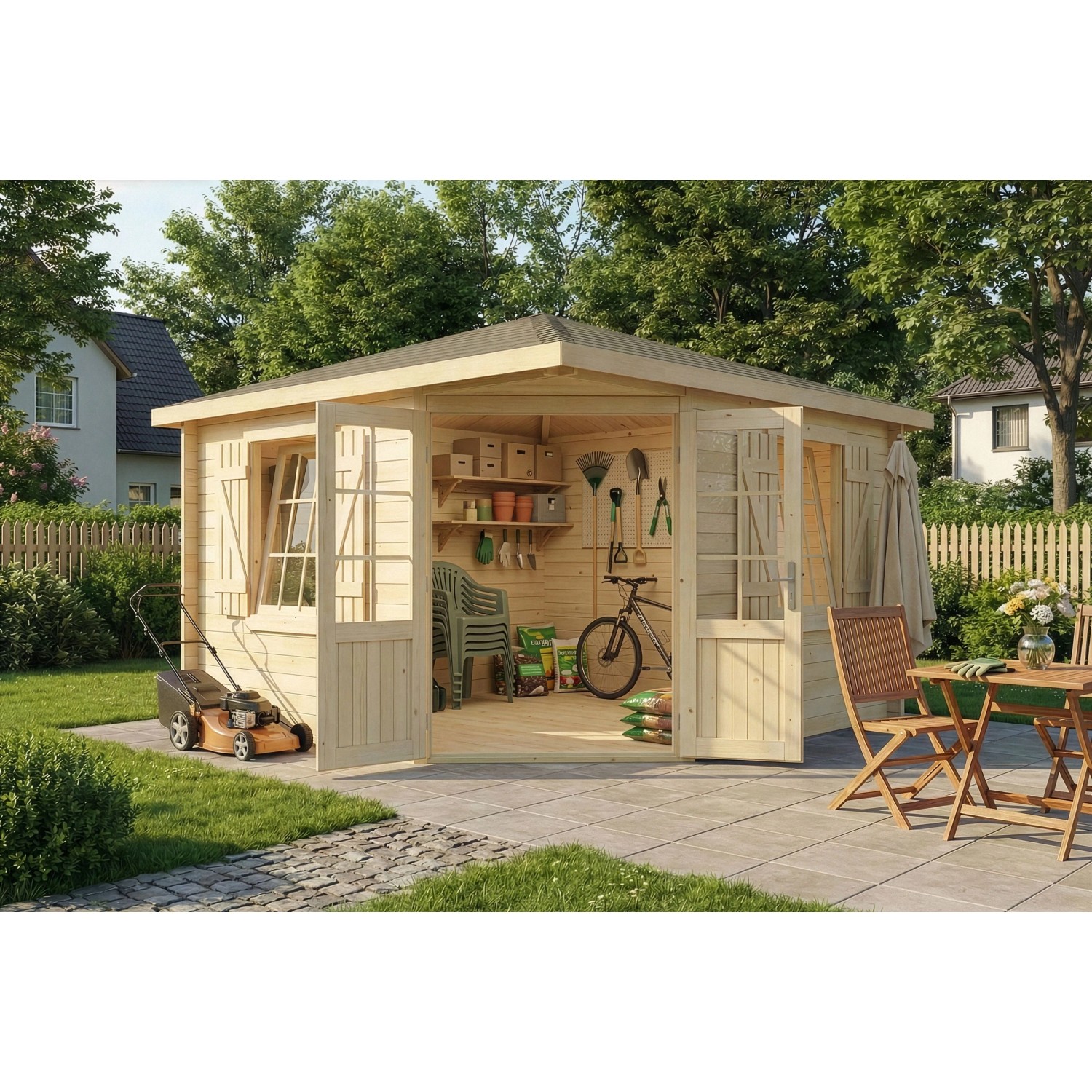 Unbehandeltes Alpholz Gartenhaus Monica Royal mit Spitzdach und Anbaudach, 375x375 cm.