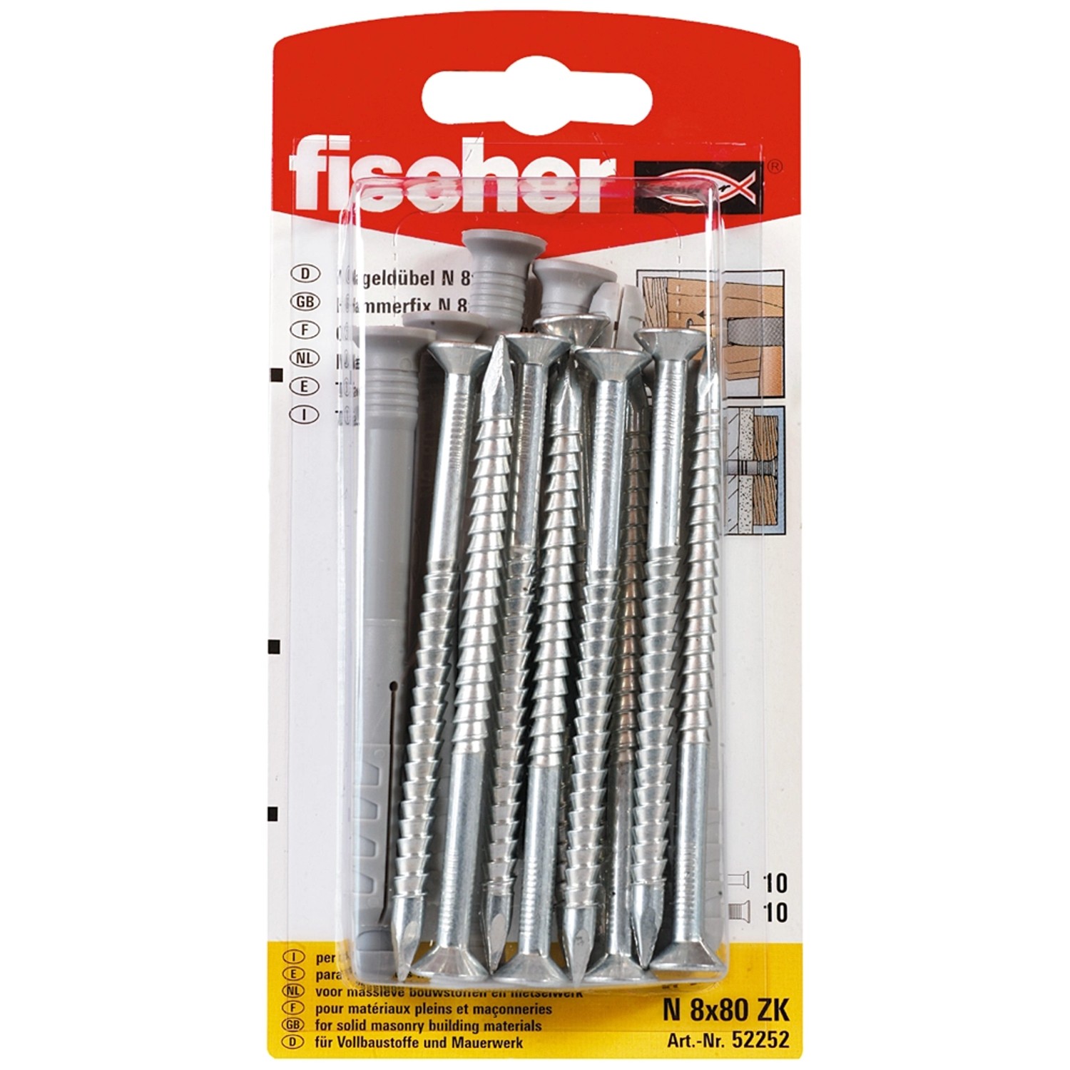 Fischer Nageldübel N 8 x 80/40 S, 10er-Pack, mit vormontierter Nagelschraube.