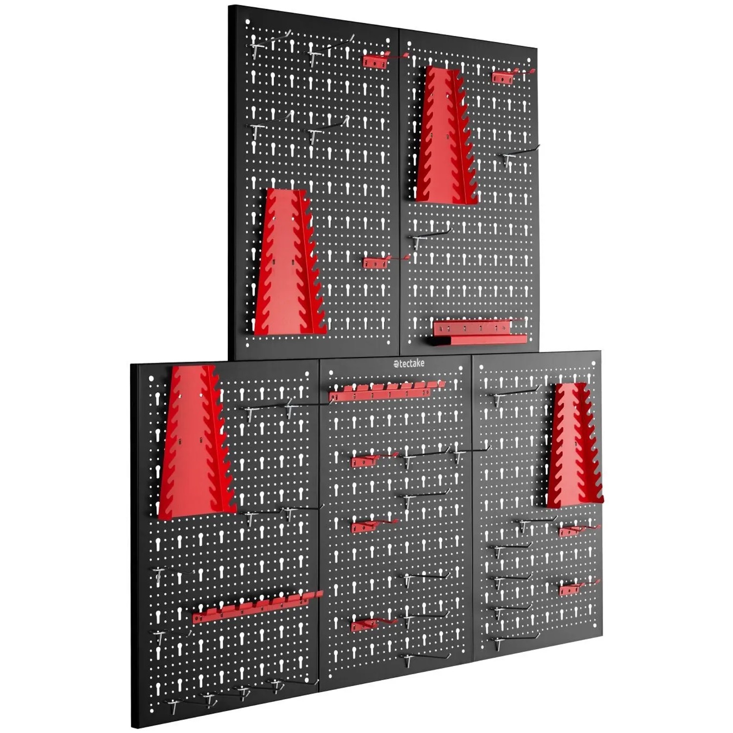 Tectake Werkzeuglochwand Jonah Fünfteilig Mit Haken und Halterungen 5Er Set 2 x 200 x 60 cm Schwarz Rot
