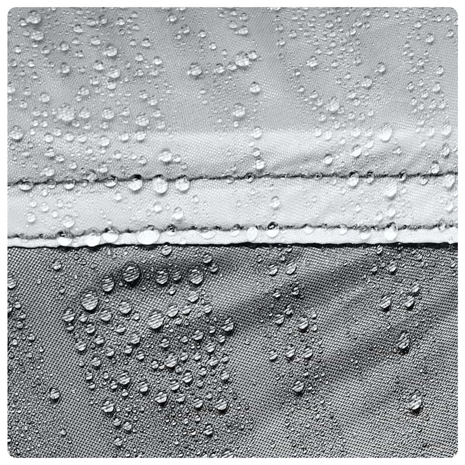 Detailaufnahme: Graues Strandzelt-Gewebe mit Wassertropfen, wasserabweisend.