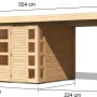Karibu Holz-Gartenhaus Sölve Natur mit Flachdach und Anbau, Maße eingezeichnet.