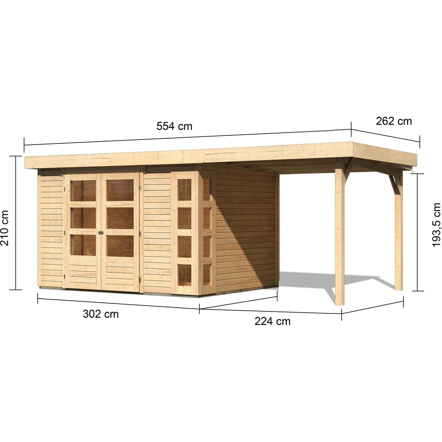 Karibu Holz-Gartenhaus Sölve Natur mit Flachdach und Anbau, Maße eingezeichnet.