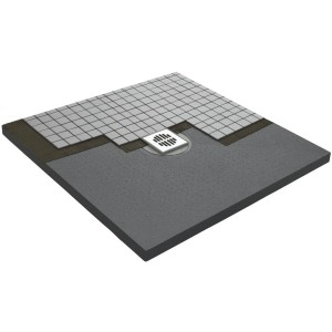 Rechteckiges, bodenebenes Duschboard 90x90 cm mit senkrechtem Ablauf und Fliesenmuster.