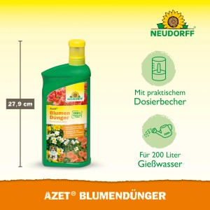 Neudorff Azet Plus Blumendünger 1 l in grüner Flasche mit Dosierbecher.