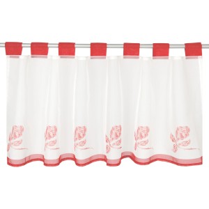 Bistrogardine Angie Rose, 45x120 cm, mit roten Schlaufen und Rosenmuster, Fenstervorhang.