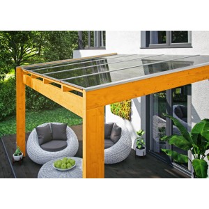 Helle Holz Terrassenüberdachung Novara mit klarer Doppelstegplatte, 450x259 cm.
