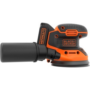 Black+Decker Akku-Exzenterschleifer BDCROS18 mit Akku und Staubfangbehälter.