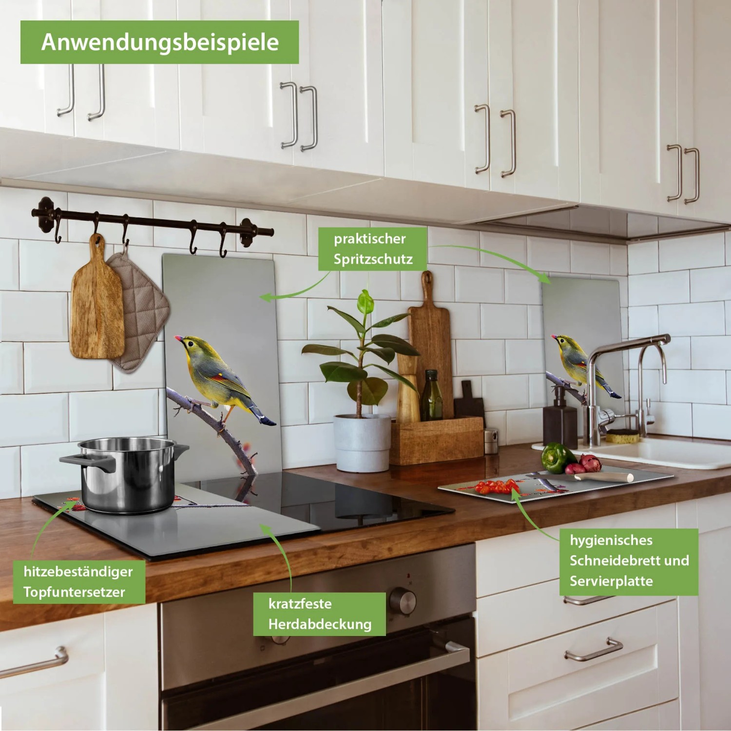 Banjado Herdabdeckplatten Glas mit Herbst Vogel Motiv als Schneidebrett und Spritzschutz in Küche.