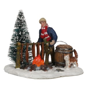 Luville Miniatur Aalräucherei: Weihnachtsdorf-Szene mit Räuchermann, Feuer, Baum und Katze.