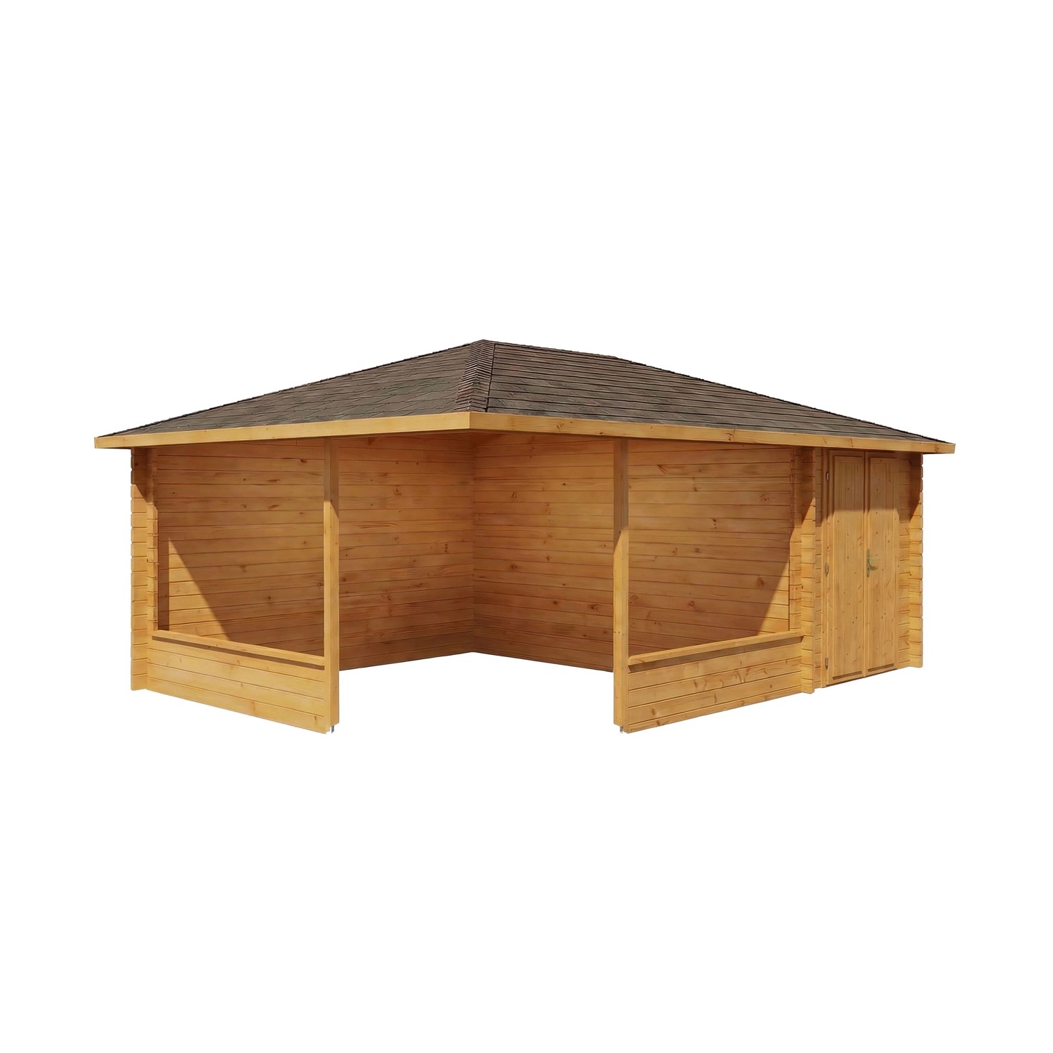 Imprägnierte 5-Eck Gartenlaube Maik-40 Natur, 600x425 cm mit Anbau und Holzdach.