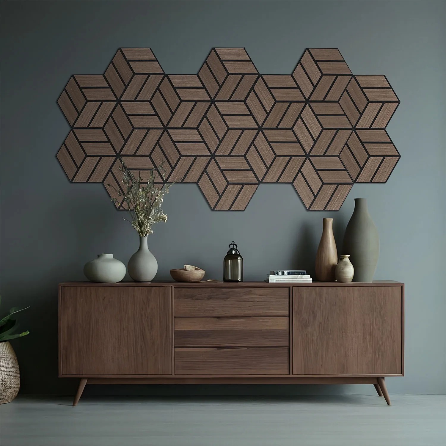 Homestyle4u Akustikpaneele in Braun, sechseckige Wandpaneele aus Holz im Wohnraum.