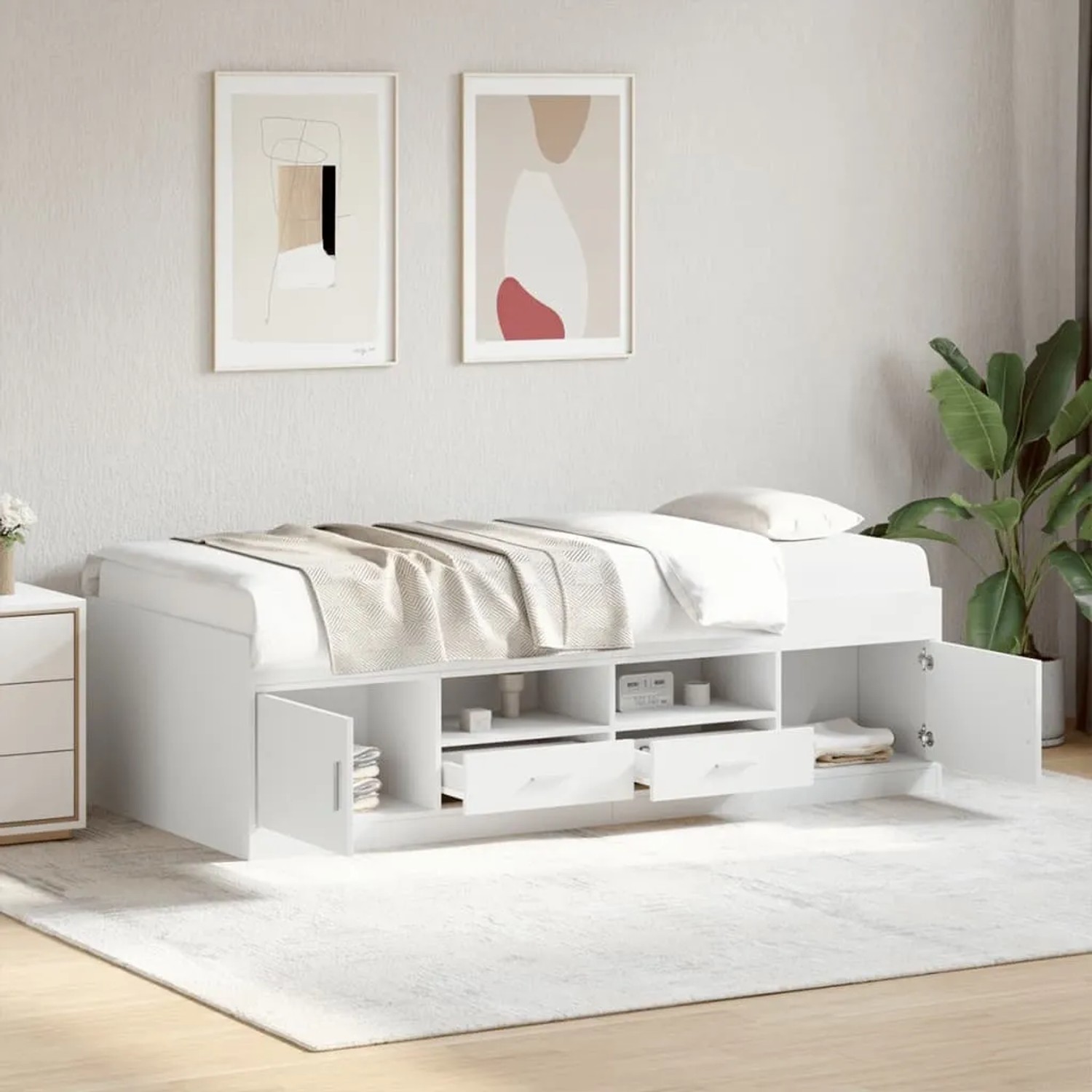 Weißes Tagesbett mit integrierten Schubladen und Staufächern aus Holzwerkstoff, 90x200 cm, in modernem Schlafzimmer.